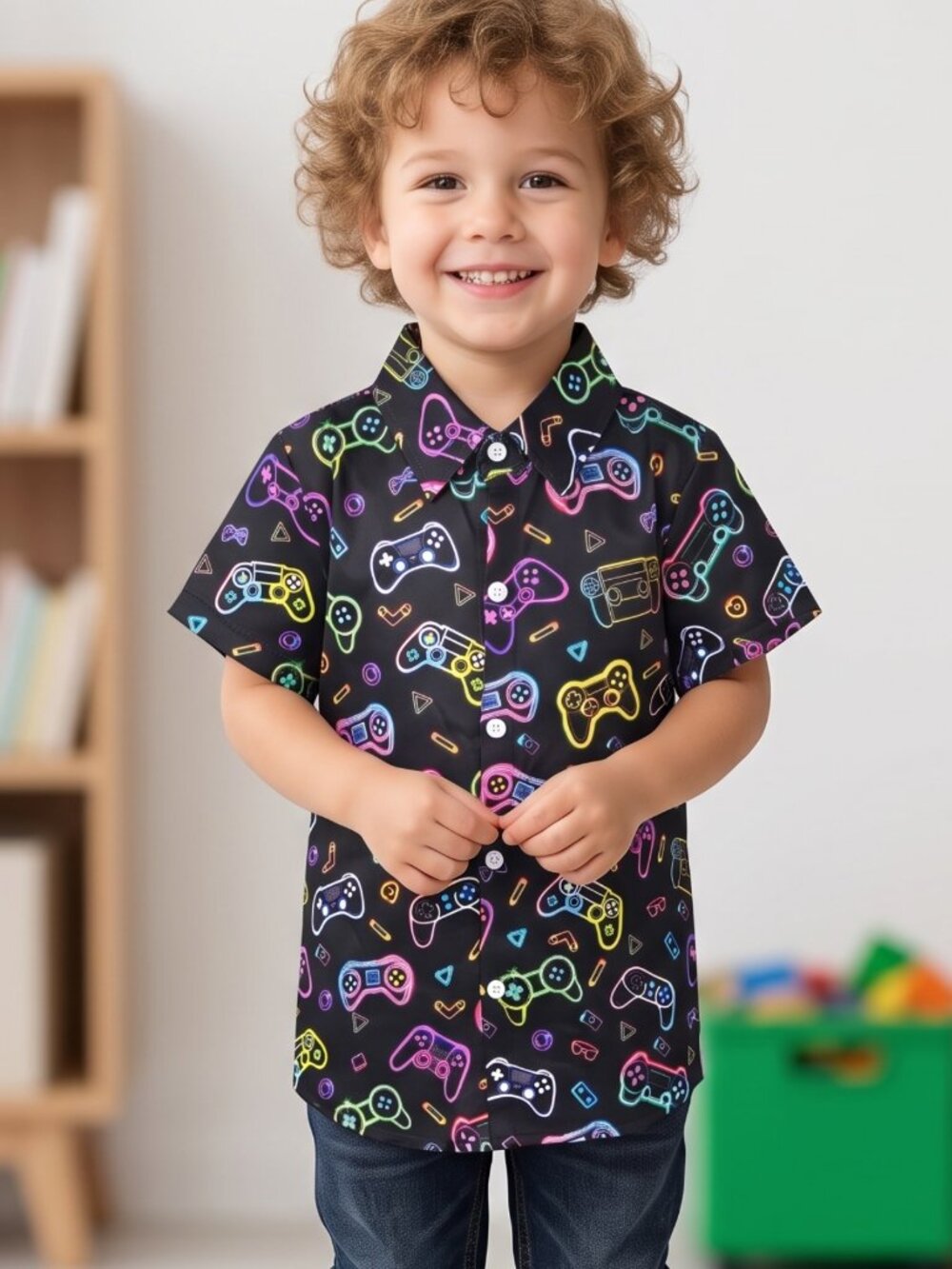 NWOT | Boy's Neon Gaming Controller Print Button-Up Shirt | Black | 4-5T